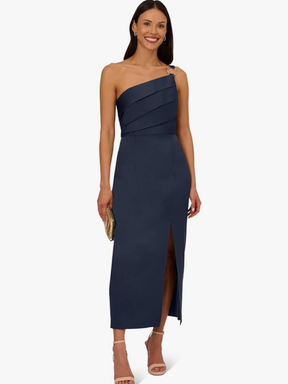 Adrianna Papell Satin Crepe One Shoulder Navy Midi Dress Cocktail Formal Sz 8